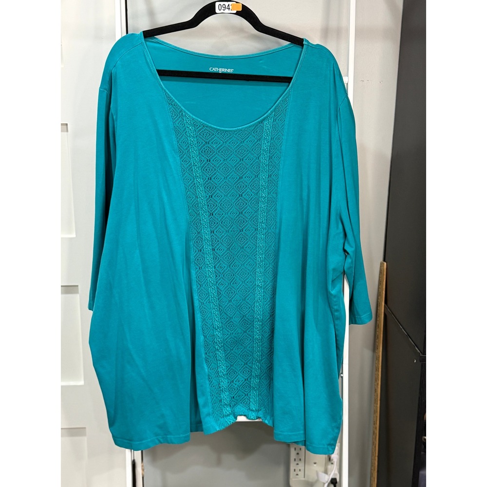 Catherines Teal Blue Crochet Lace Front Knit Top 3/4 Sleeve Plus 3X 26/28W Boho